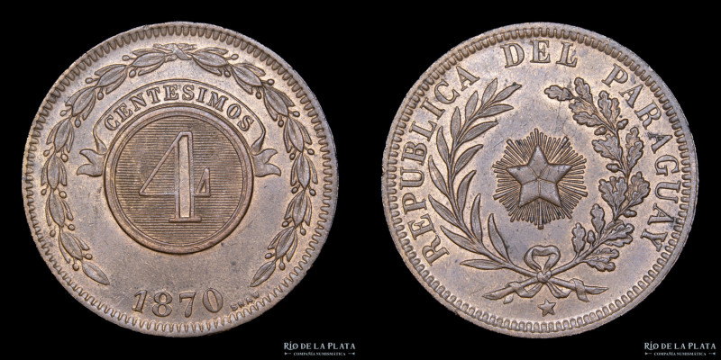 Paraguay. Specimen 4 Centésimos 1870. Birmingham Mint (UK). Cobre; 35mm; 19.70g....