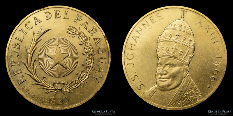 Paraguay. Ensayo. 20 Guaranies 1966. Papa Juan XXIII. Muy rara, solo 9 piezas ac...