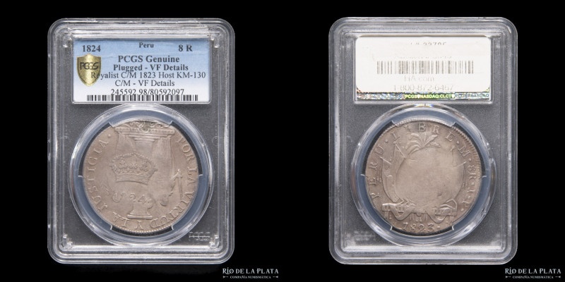 Perú. 8 Reales 1823 JP. Royalist C/M 1824. AG.903; 38.0mm; 25.0g. A: POR LA VIRT...