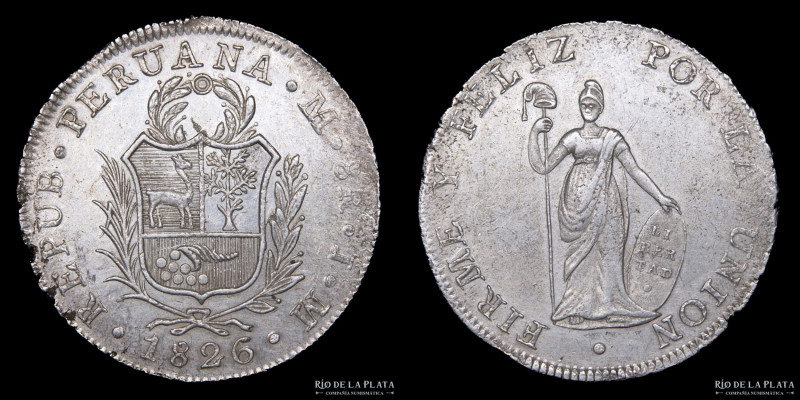 Perú. 8 Reales 1826 JM. Ceca de Lima. Plata 903; 39.5mm; 26.08g. KM142.1 (XF)
...