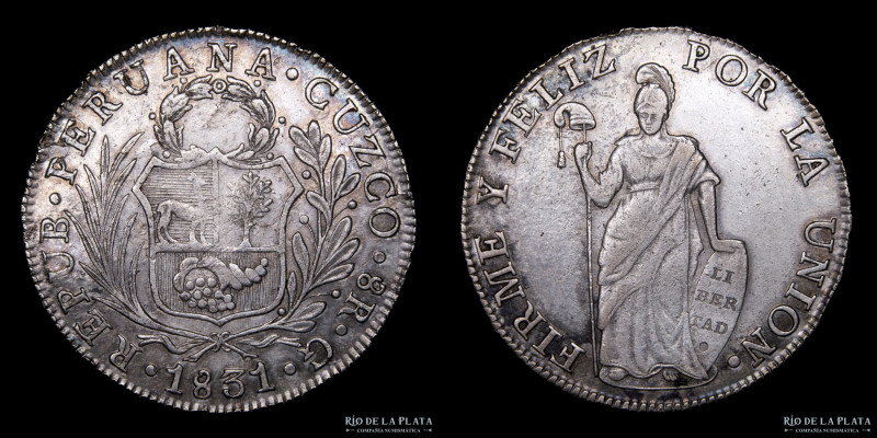 Perú. 8 Reales 1831 G Cuzco. Plata 903; 38.0mm; 26.23g. KM 142.4 (VF+)

Estima...