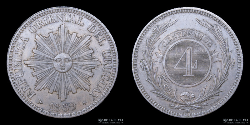 Uruguay. 4 Centésimos 1869 H. Cobre; 35.0mm; 19.99g. KM13 (XF)

Estimate: USD ...