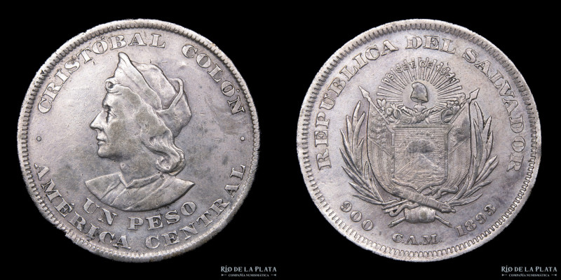 El Salvador. 1 Peso 1893. Plata 900; 37.0mm; 24.87g. Sobrefecha. KM 115.1 (VF)
...
