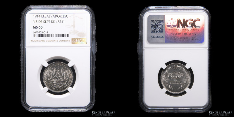 El Salvador. 25 Centavos 1914 (único año). Plata 835; 24mm; 6.25g. KM126. Encaps...