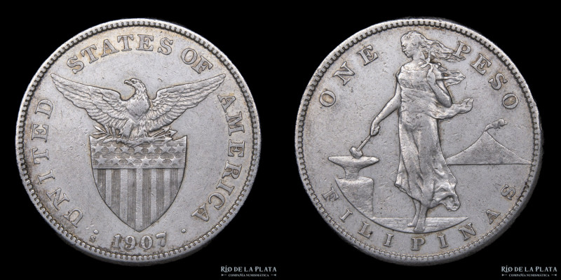 Filipinas. 1 Peso 1907 S. United States Mandate. San Francisco Mint. Plata 800; ...