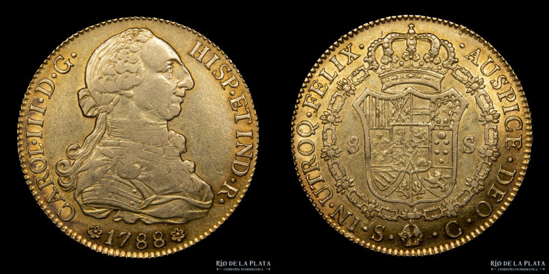 España. Carlos III. 8 Escudos 1788 SC. Sevilla. Oro 875; 38mm; 27.00g. KM409.2a ...