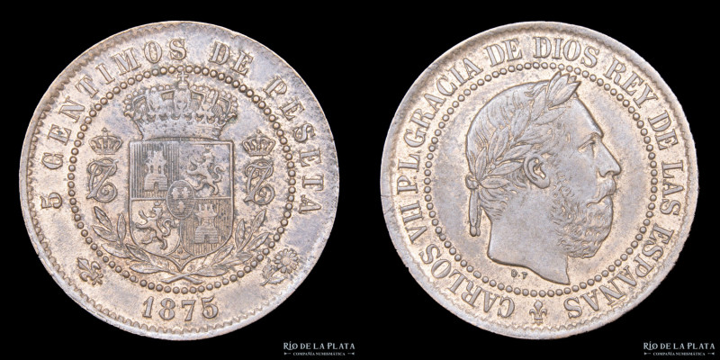 España. Carlos VII (1863-1909) 5 Centimos 1875. Cobre; 25.0mm; 5.00g. Solo 50.00...