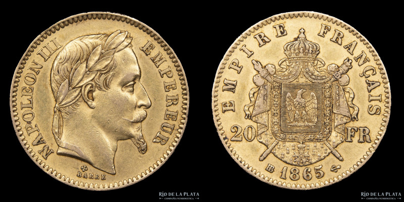 Francia. Napoleón III (1852-1870) 20 Francs 1865 BB. Estrasburgo mint. Oro 900; ...