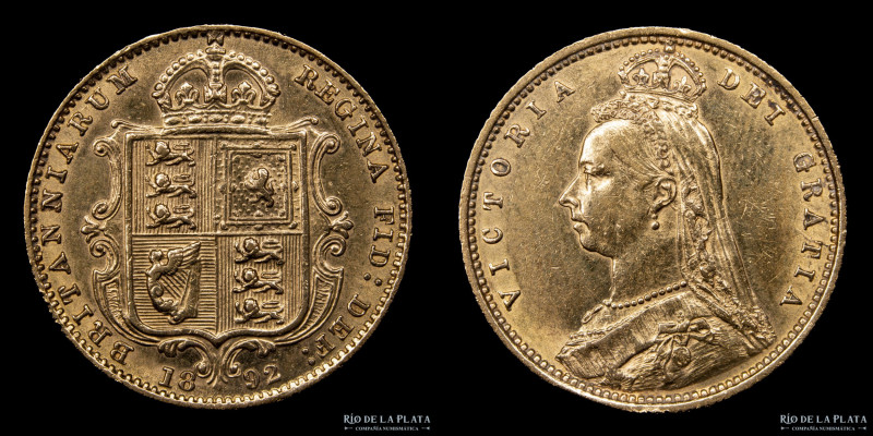 Gran Bretaña. Victoria (1837-1901) 1/2 Soberano 1892. Oro 917; 22.0mm; 4.00g. KM...