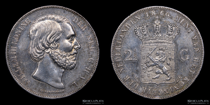 Paises Bajos. Willem III (1849-1890) 2 1/2 Gulden 1860. Plata 945; 38.0mm; 24.92...