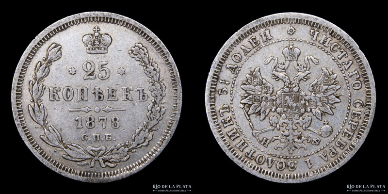 Rusia. Alexander II (1855-1881) 25 Kopecks 1878. Ceca de San Petersburgo. Plata ...