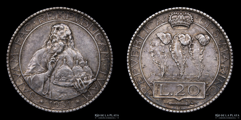 San Marino (República) 20 Lire 1931. Rome mint. Plata 800; 35.5mm; 14.99g. A: SA...