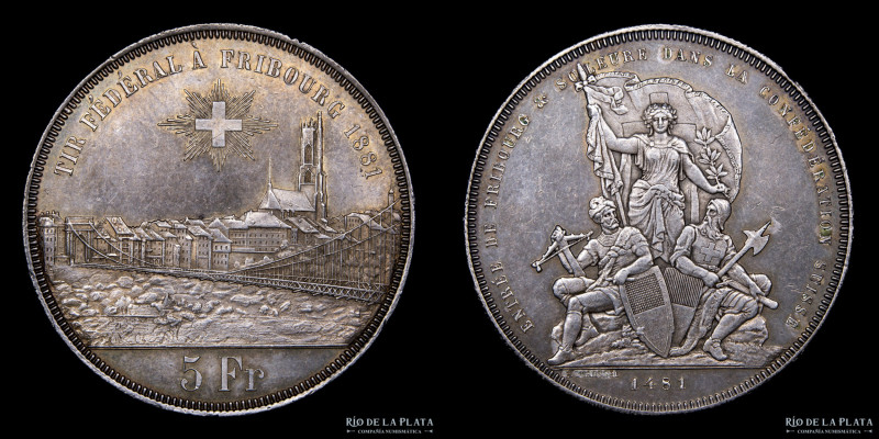 Suiza. 5 Francos 1881. Berna mint. Shooting-thaler. Festival de Tiro de Friburgo...