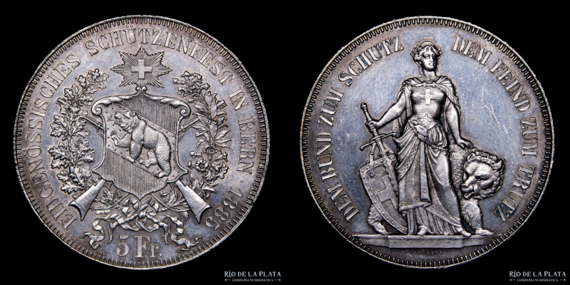 Suiza. 5 Francos 1885. Berna mint. Shooting-thaler. Festival de Tiro de Berna. P...