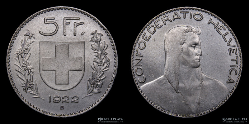 Suiza. 5 Francs 1922 B. Berna mint. Plata 900; 31.4mm; 25.00g. KM37 (XF)

Esti...