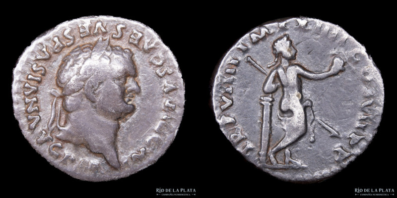 Titus (79-81AD) Denarius, Rome mint, struck 79AD. Silver; 18mm; 3.27g. A: IMP TI...