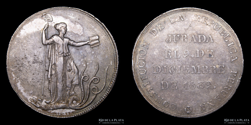 Perú. Medalla Constitucional 1839. Plata 900; 43.0mm; 38.21g. A: Alegoría de la ...