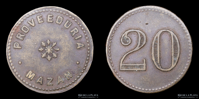 Argentina. Ficha. Valor 20. Proveeduría Mazan. Bronce; 27mm; 5.59g. (VF)

Esti...