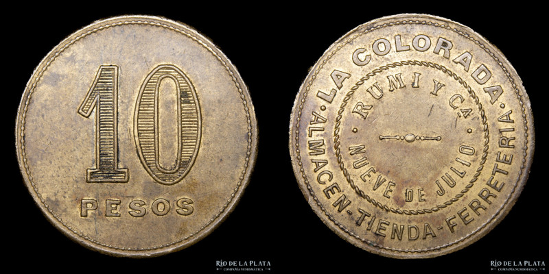 Argentina. Ficha. 10 Pesos. La Colorada. 9 de Julio. Bronce; 38mm; 18.41g. (XF)...