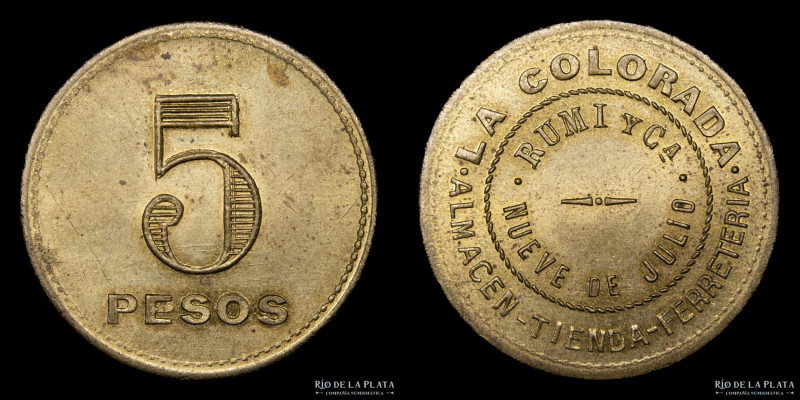 Argentina. Ficha. 5 Pesos. La Colorada. 9 de Julio. Bronce; 30mm; 10g. (XF)

E...