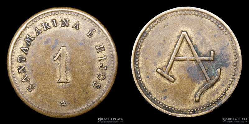 Argentina. Ficha. Valor 1. Santamarina e Hijos. Bronce; 23mm; 2.94g. Ramón Joaqu...