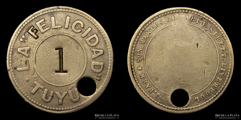 Argentina. Ficha. Esquila. 1 Vellón. La Felicidad. Tuyú. Bronce; 31mm; 8.78g. (F...