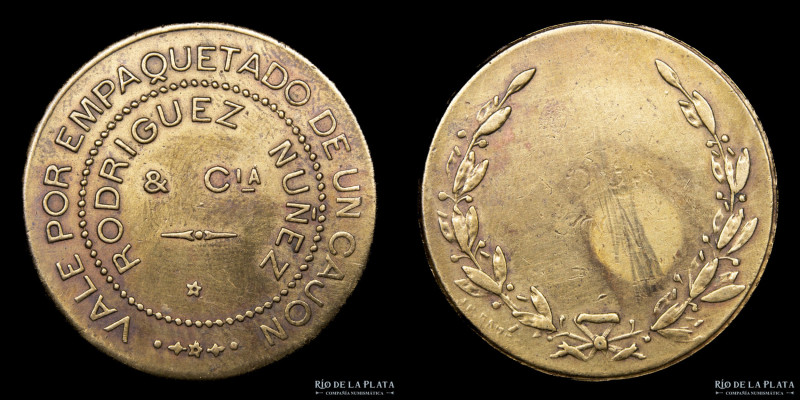 Argentina. Ficha. Rodríguez Nuñez & Cia. Bronce; 27.5mm; 6.49g. Vale por empaque...