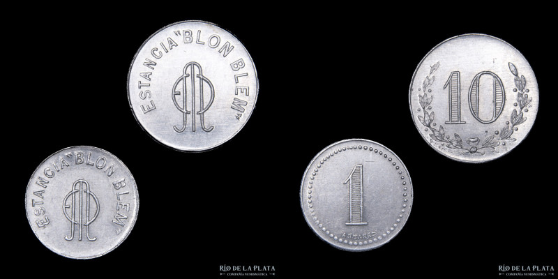 Argentina. Fichas. Lote x2. Valores 10 y 1. Estancia Blon Blem. Aluminio; 23/20m...