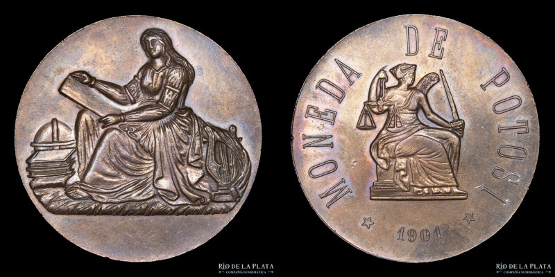 Bolivia. 1901. Casa de Moneda de Potosí. Cobre; 46.7mm; 47.3g. RTB 489 (AU/UNC)...