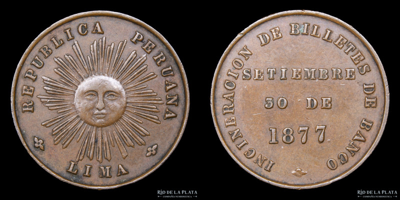 Perú. 1877. Incineración de Billetes de Banco. Lima. Cobre; 23.0mm; 4.52g. (XF)...