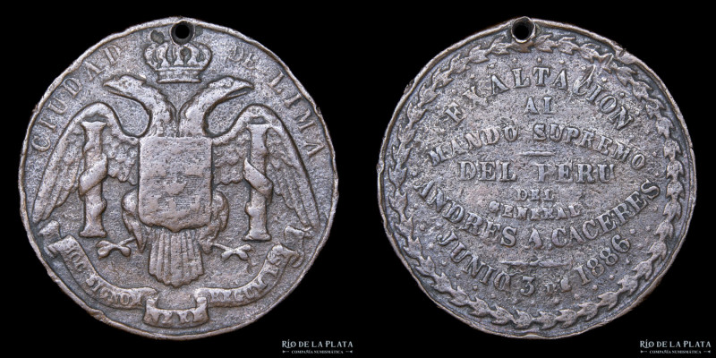 Perú. 1886. Exaltación al Mando Supremo del Gral. Andrés Cáceres. Lima. Cobre; 2...