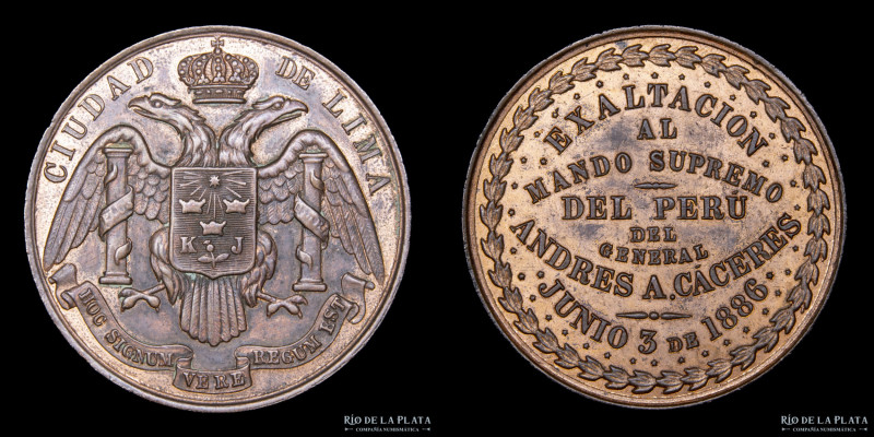 Perú. 1886. Gral. Andres de Caceres. Exaltación al Mando Supremo. Lima. Cobre; 3...