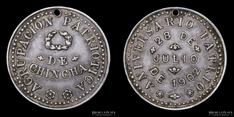 Perú. 1902. Aniversario Patrio. Agrupación Patriótica de Chincha. Plata; 23.0mm;...