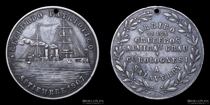 Perú. 1907. Arribo de los Cruceros Alte. Grau y Cnel. Bolognesi a Salaverry. Pla...