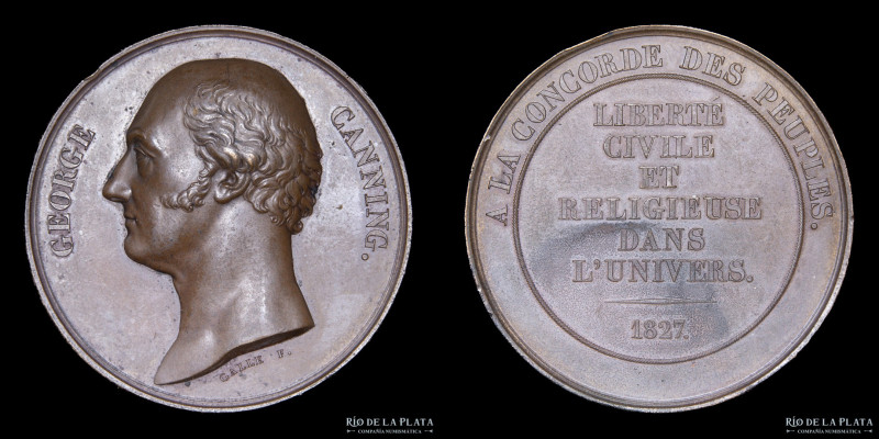 Francia. 1827. Homenaje a George Canning. Bronce; 50mm; 55.65g. Libertad civil y...