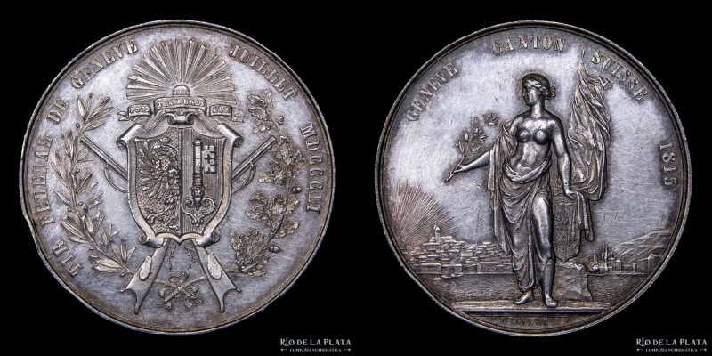 Suiza. 1851. Tiro. Ginebra (Tir de Geneve). Concurso de tiro federal. Plata; 38m...