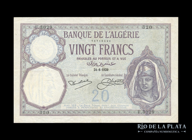 Argelia. 20 Francs 1929. Pick 78b (VF+)

Estimate: USD 50 - 100