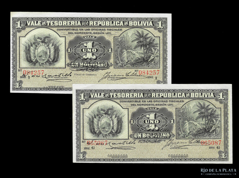 Bolivia. Vale de Tesorería. 2 x 1 Boliviano 1902. Serie G e I. Impreso en ABNC. ...