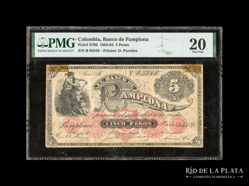 Colombia. Banco de Pamplona. 5 Pesos 1884. Impreso por D. Parédes. Restos de cin...