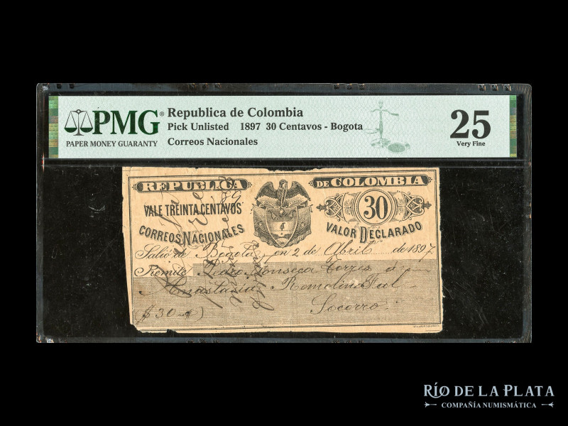 Colombia. Correos Nacionales. 30 Centavos 1897, Bogotá. Not in Pick. Certificado...