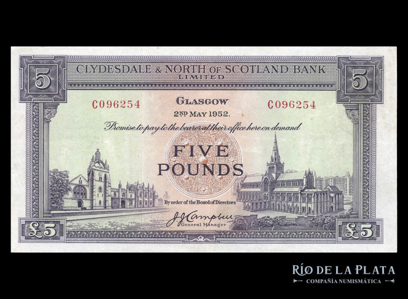 Escocia. Clydesdale & North of Sctland Bank. 5 Pounds 1952. Pick 192a (VF+)

E...