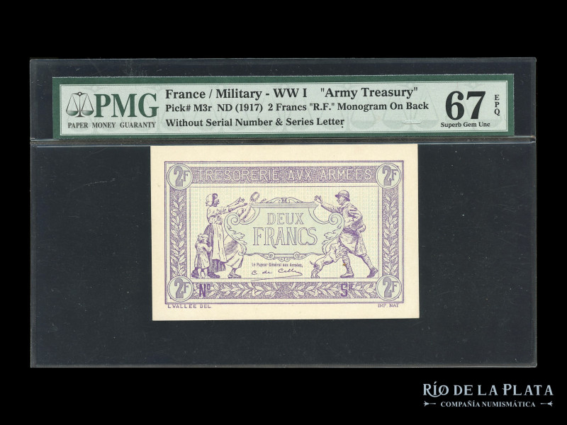 Francia. Military WWI - Army Treasure. 2 Francs ND1917. Pick M3r. Certificado PM...