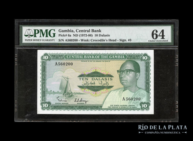 Gambia. Central Bank. 10 Dalasis ND1972-86. Pick 6a. Certificado PMG 64 Choice U...