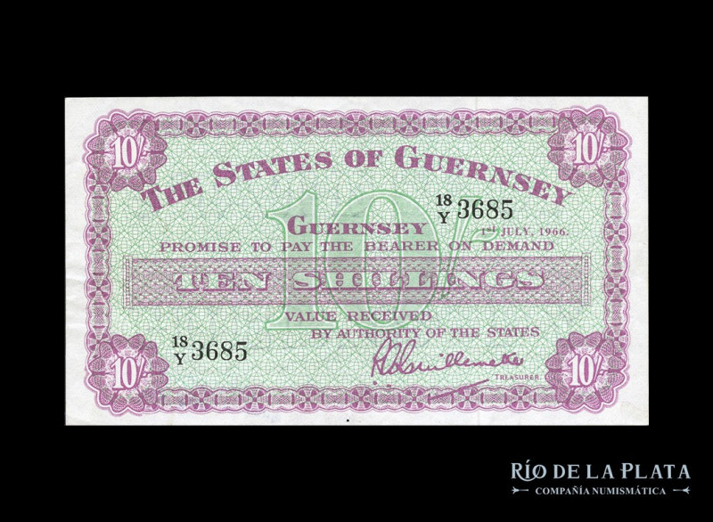 Guernsey. 10 Shillings 1966. Pick 42c (XF) firma y sello en reverso

Estimate:...