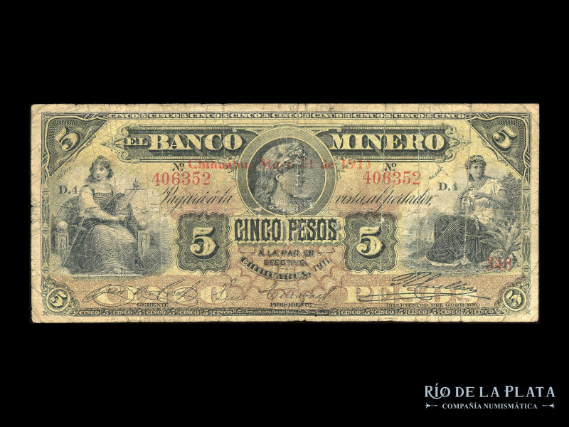 México. Banco Minero. 5 Pesos 1911, Resello rojo Chihuahua May 5, 1911. Impreso ...