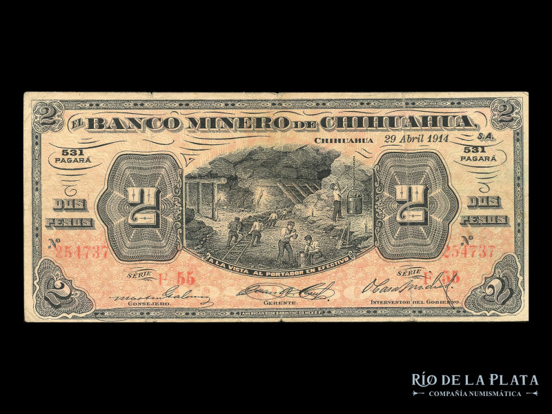 México. Banco Minero de Chihuahua. 2 Pesos 1914. Impreso en AB&PC. Pick S184 (F)...