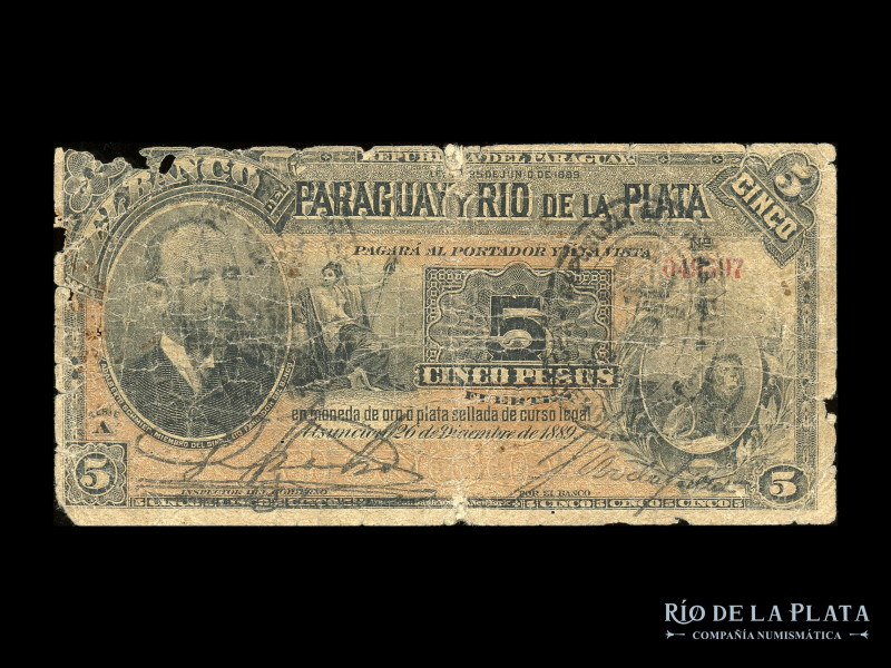 Paraguay. Banco Paraguay y Río de la Plata. 5 Cinco Pesos 1889, resello negro. P...