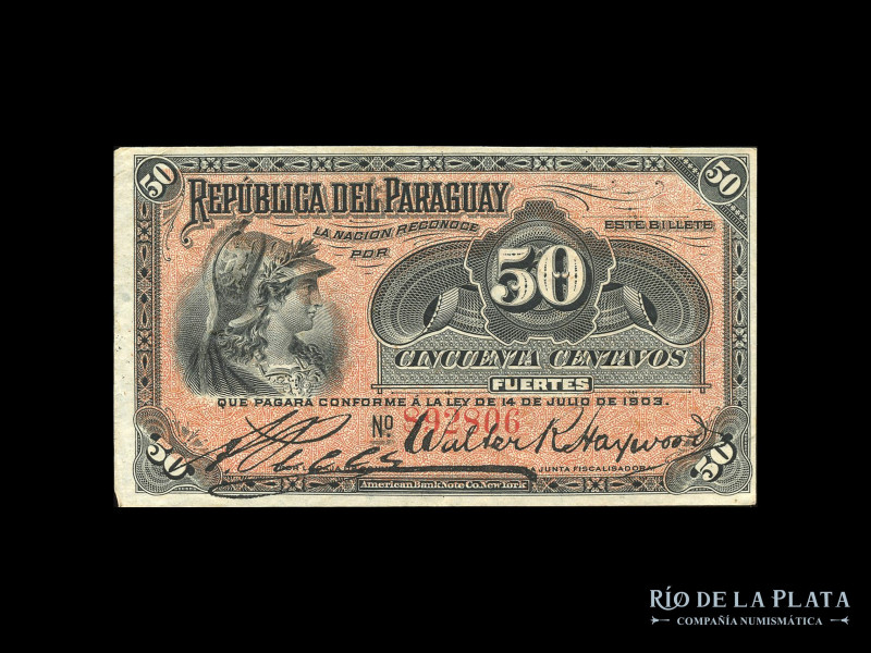 Paraguay. Banco Estatal. 50 Centavos Fuertes 1903. Firmas: Pecci - Haywood. Impr...