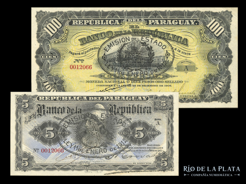 Paraguay. El Banco de la República. 5 y 100 Pesos MN 1907. Emisión Provisional, ...