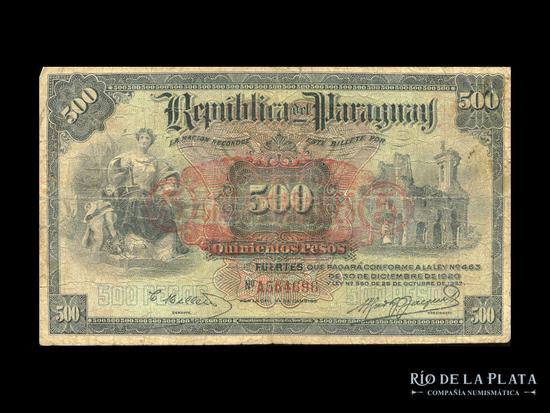 Paraguay. Por la Oficina de Cambios. 5 Guaranies ND1943 resellado sobre 500 Peso...